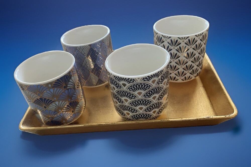 Set of Four Art Deco Brand Ceramic Espresso Cups Blues with Gold Trim and Tray